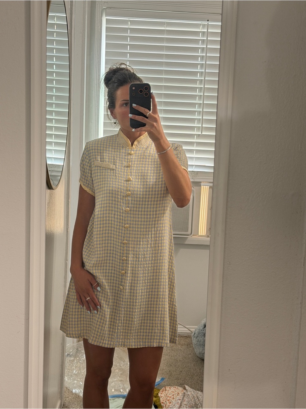 Vintage Yellow Gingham Button-Front Mini Dress